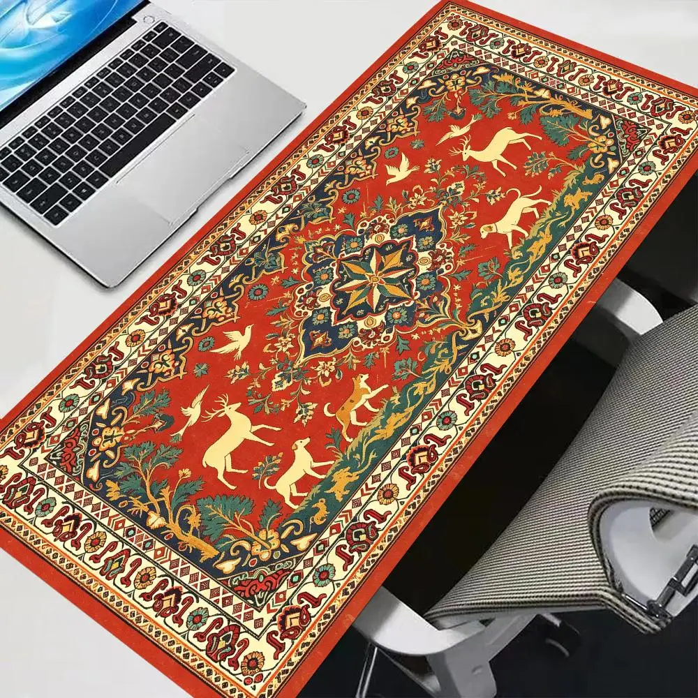 Red Deer Persian Rug Pattern Thick Rubber Mouse Pad Smooth Cloth Surface Large Size For Cabin Decor
