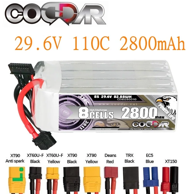 

CODDAR 2800mAh 8S 29.6V Lipo Battery 110C FPV Drone Power For Frame RC Helicopter Plane Accessories 29.6V Rechargeable Battery