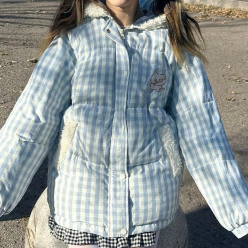 Japanese Kawaii Preppy Style Winter Embroidery Warm Women Parka Cute Embroidery Hooded Tops Plush Velvet Lined Down Padded Coat