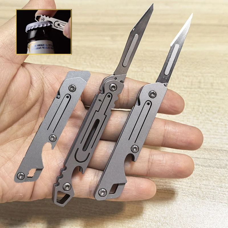 NO11 Replaceable Blades Scalpel Folding Knife Quick Open Bottle Opener Keychain EDC Folding Knife 10 Blade Free Useful Tool