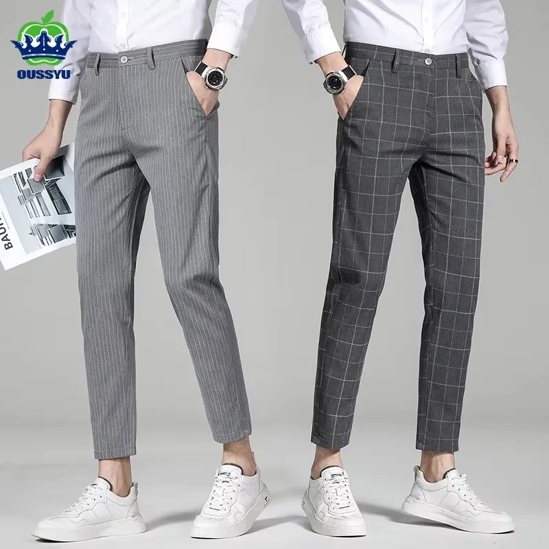 High Quality Autumn Business Stripe Plaid Ankle Length Pants Men Casual Solid Color Office Suit Long Trouser Male Brand Clothing