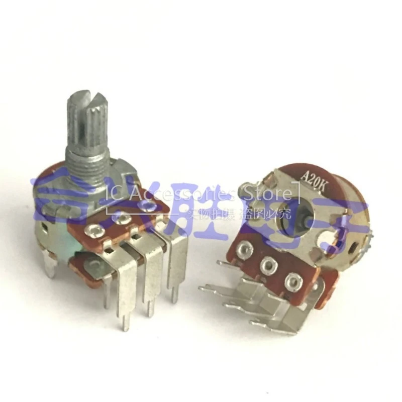 2PCS 16 Type Rotary Potentiometer Double A20K Bent Foot Audio Amplifier Volume Potentiometer 6Pin Shaft Length 15MM