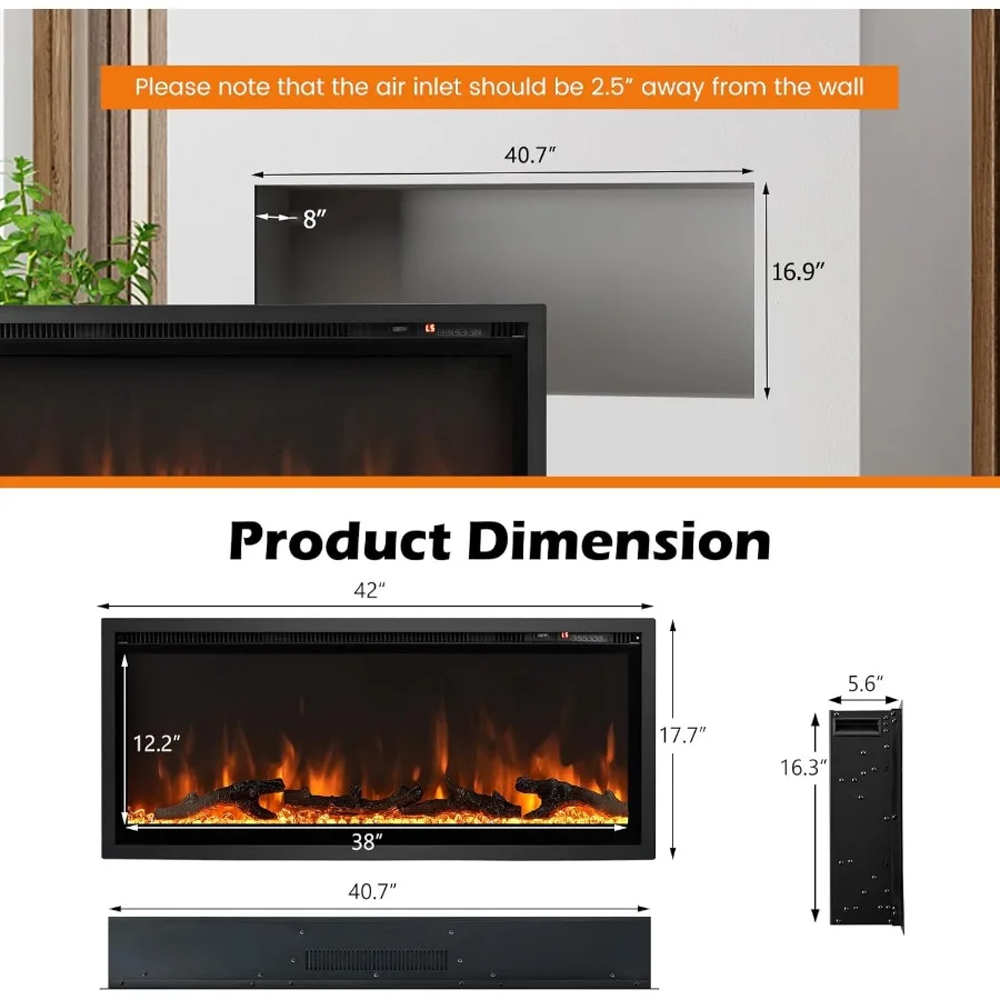 مدفأة كهربائية 42 بوصة تصميم مريح ومثبت على الحائط مع لهب سجل قابل للتعديل ومؤقت 8 ساعات وجهاز تحكم عن بعد 750 وات 1500 وات Heati