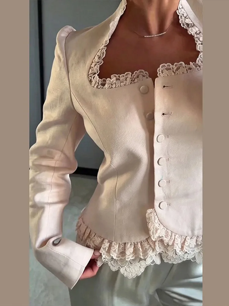 Urban Lace Patchwork Women Blazer Elegant Long Sleeve Slash Neck Button Female Outwear 2026 Autumn Winter Lady Streetwear New