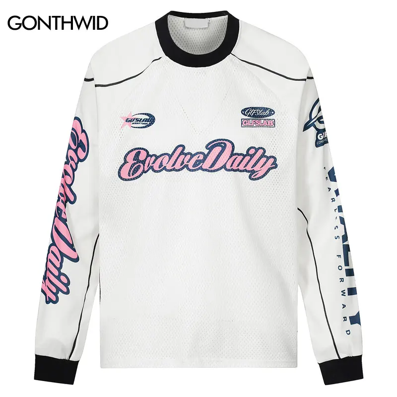 

Vintage Mesh T-Shirt Y2K Hip Hop Graphic Printed Patchwork Sports Long Sleeve Shirts Men Harajuku Casual Loose Tshirt Streetwear