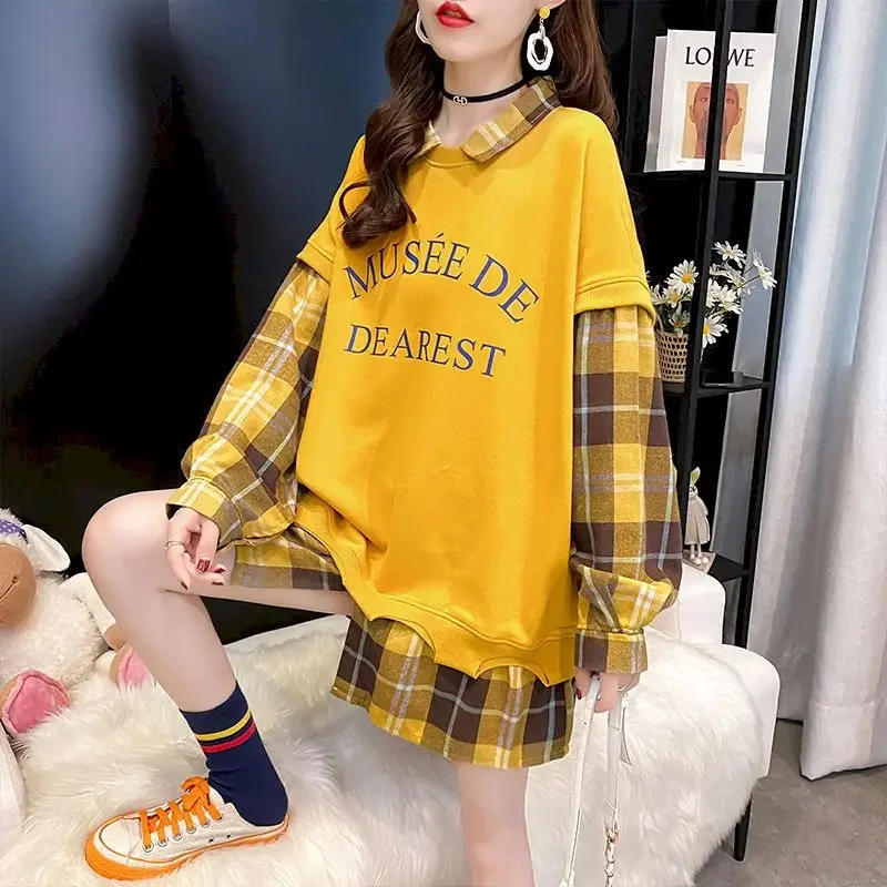 2024 Spring Autumn Women Pullover Plaid Stitching Fake Two-piece Jacket Thickening Korean Loose Large Size Top Harajuku Clothes