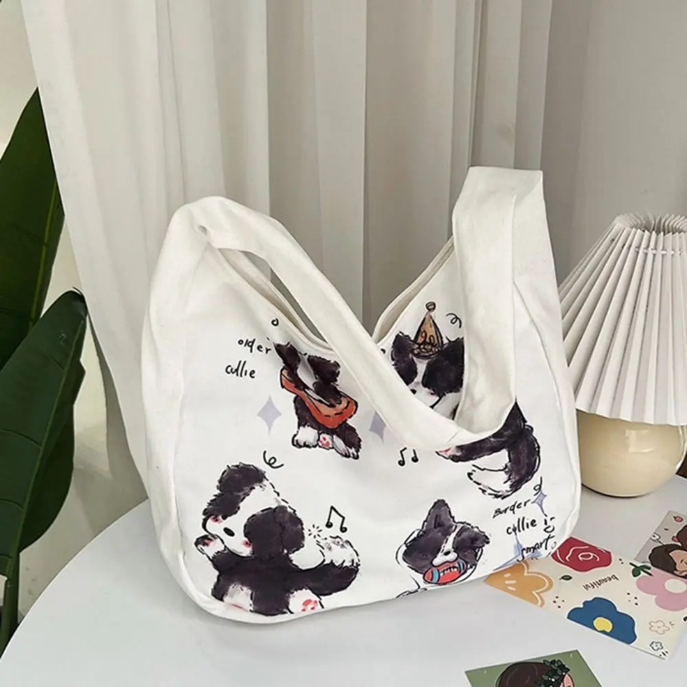 Tas Tote wanita, tas kanvas motif kartun, tas tangan kasual kapasitas besar, tas bahu motif anjing untuk pelajar