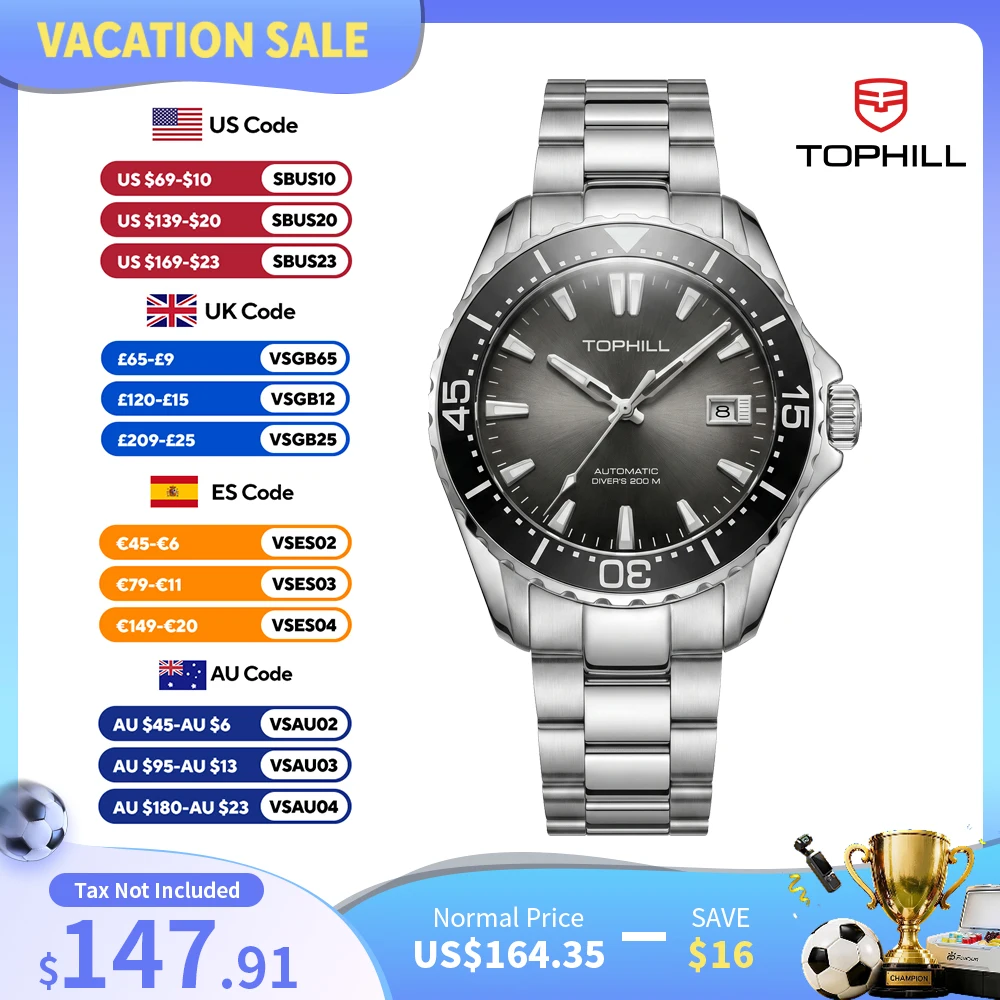 

TOPHILL TD015G Watches For Men 8215 Automatic Movement Sapphire Glass C3 Luminous Ceramic bezel 200M Waterproof Dive Wristwatch