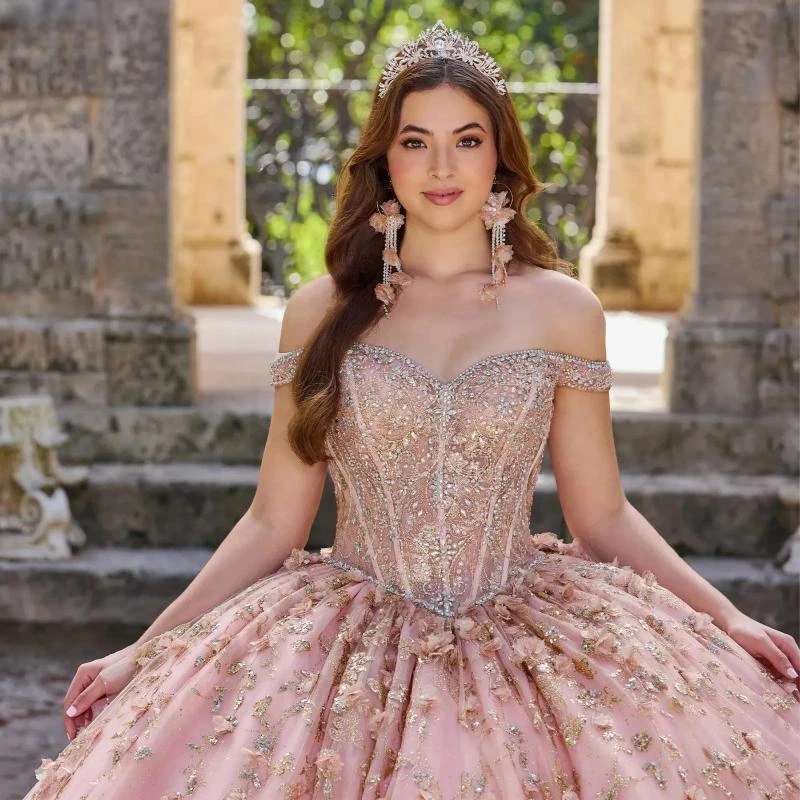 Vestido De quinceañera De menta brillante, vestido De baile sin hombros, apliques florales, cuentas escalonadas, dulce 16, 15 Años