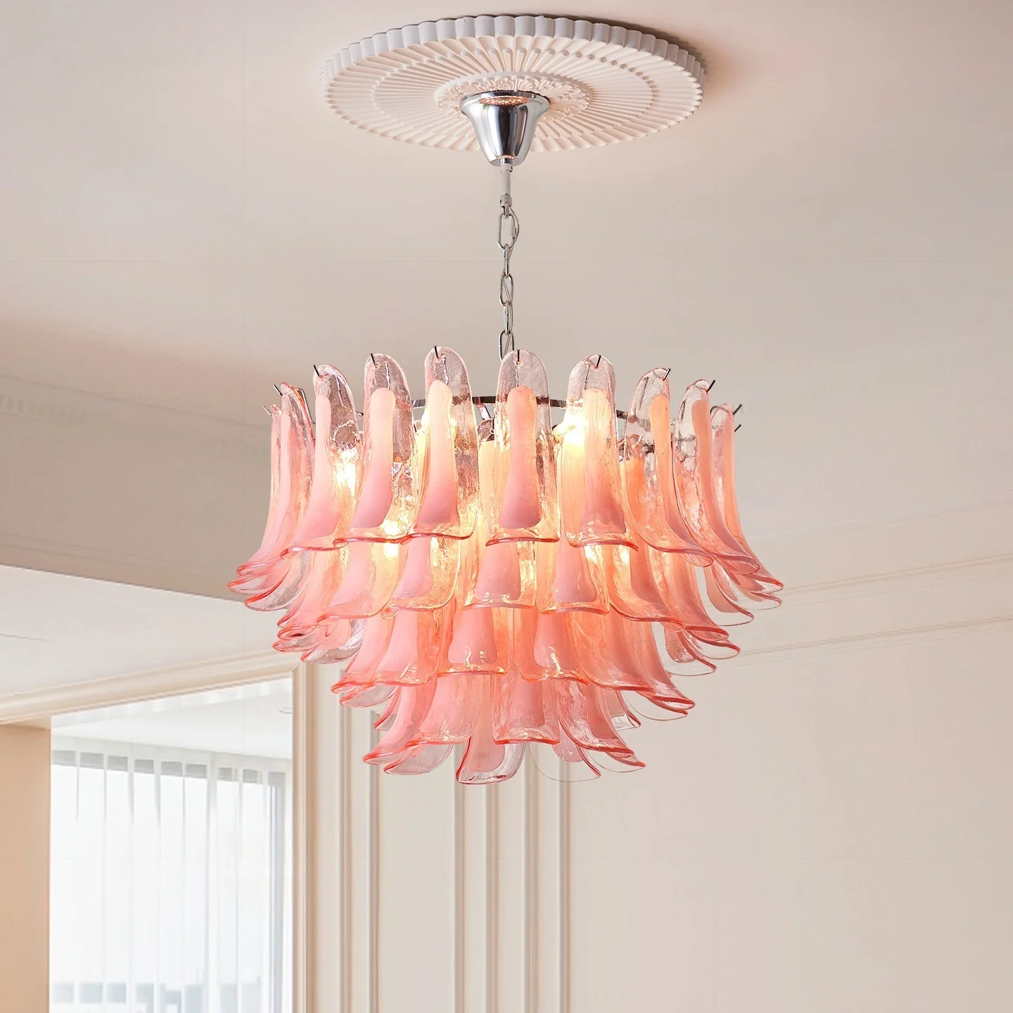 

French Murano Pink Petal Glass LED Chandelier Retro Pendant Light for Dining Table Living Room Bedroom Loft Suspension Luminaire