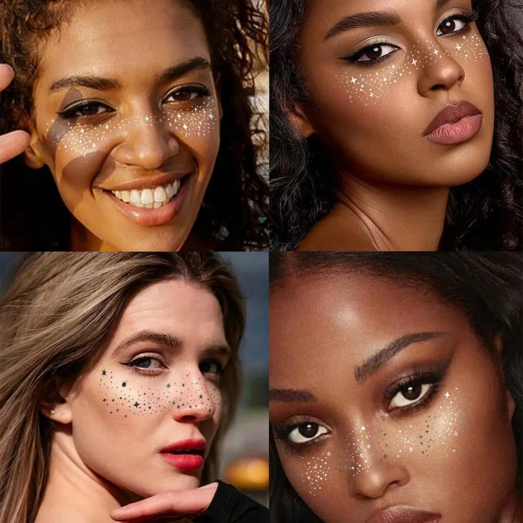 3 Sheets Glitter Freckles Face Tattoo Metallic Tattoos Temporary For Women Rose Gold Flash Tattoos Glow Up Mask Cosmetic Glitter
