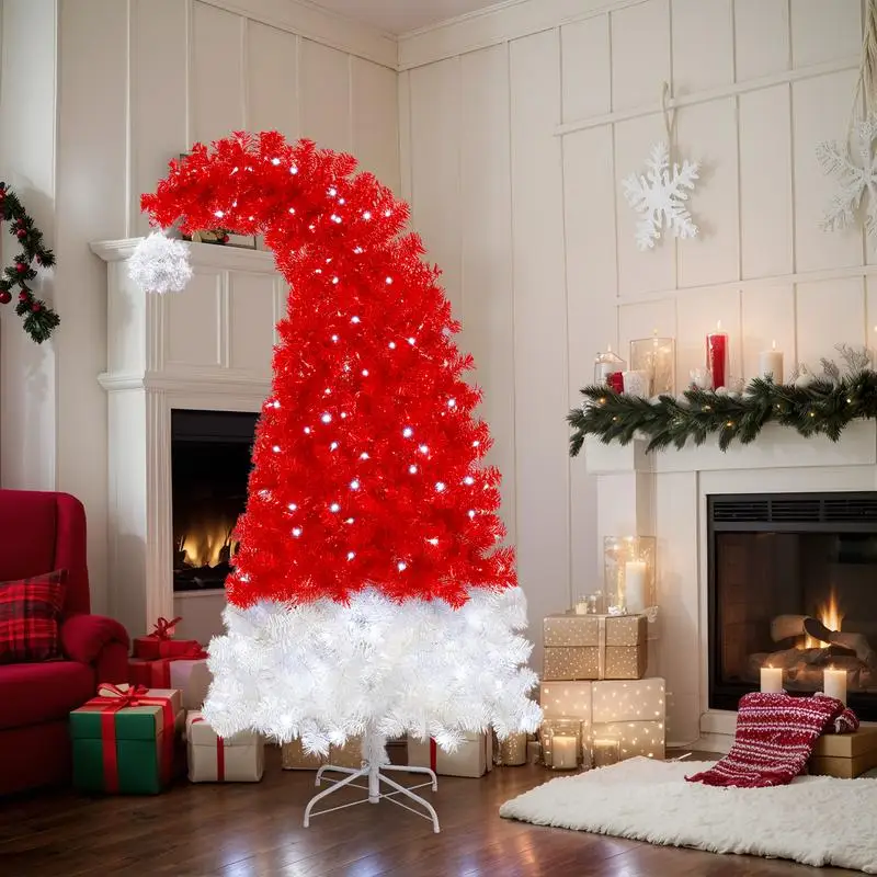 

6FT Artificial Christmas Tree with LED Lights, Whimsical Santa Hat Shape, 1050 Tips, Curved Design, Perfect for Holiday Decor