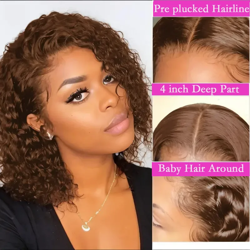 #4 Dark Brown Deep Wave Curly Short Bob Hair Wig Brazilian Hair Chocolate Brown 13x4 Transparent Lace Front Wig Remy for Women 