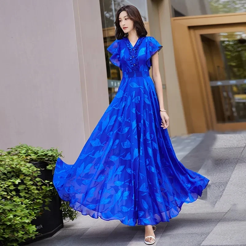 Blue Women 2024 New Summer Chiffon Boho Dress elegante Floral Beach Chic Casual scollo a v Fashion Long Prom abiti aderenti per