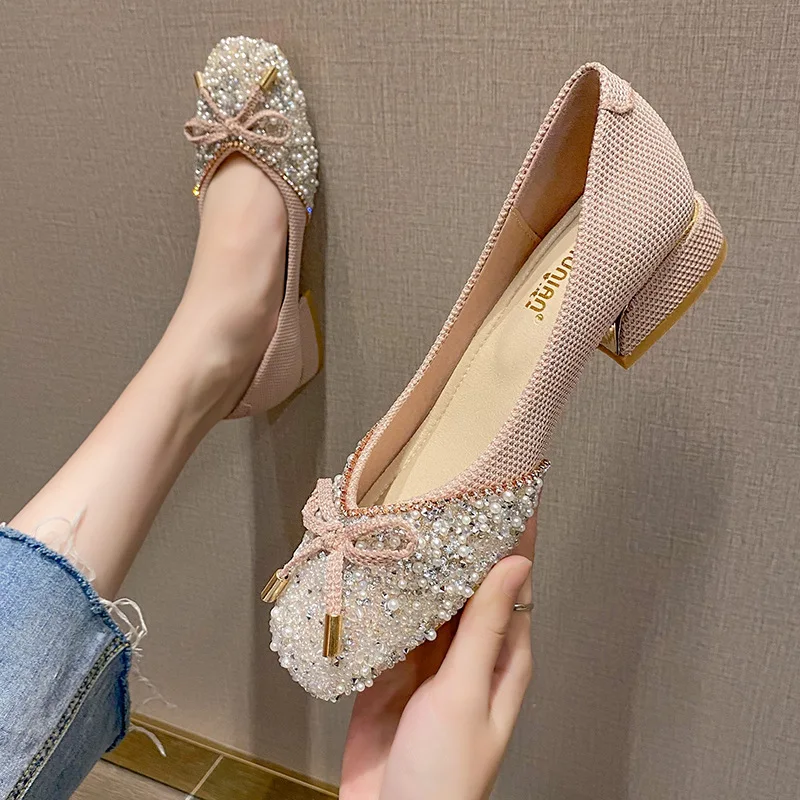 Plus Size 33-43 Women Pumps 3cm Heel Square Toe Lady Shoes Bling Pearls Diamonds Bowknot Design FSweet Wedding Party Shoes