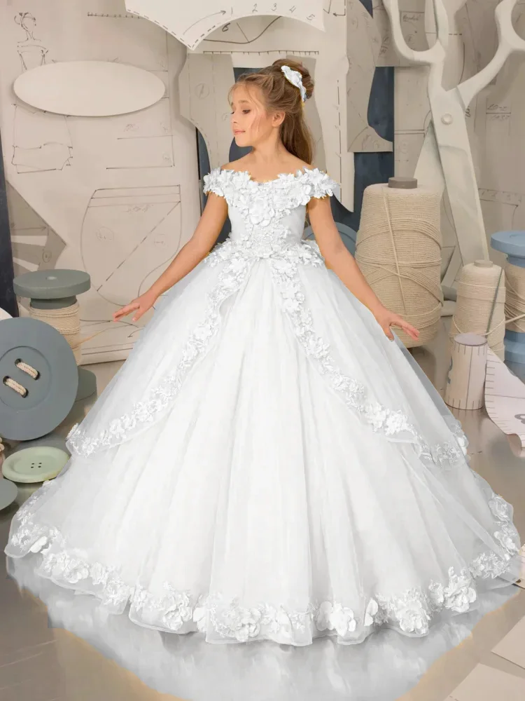 Robes à fleurs bleu ciel pour filles, pour mariage, avec des Appliques de fleurs 3D, longueur au sol, robe de princesse élégante pour fête d'anniversaire, première Communion