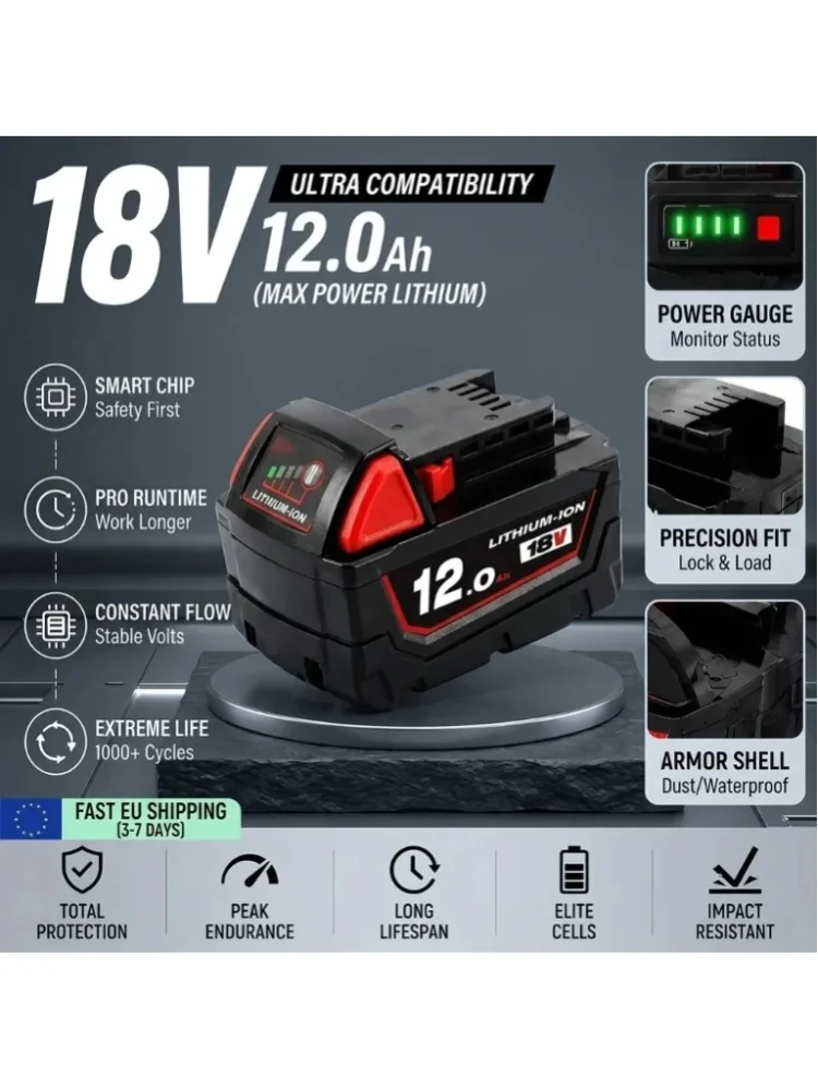 18V 12,0Ah Ersatz-Lithium-Akku für die Milwaukee M18-Serie, kompatibel mit allen M18 18V Akku-Elektrowerkzeugen, Hochleistungs-Li-Ionen-Akku, schnelles Aufladen, IP54 Staub- und Wasserschutz,