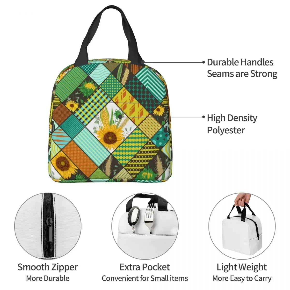 Patchwork Pattern Cereals Sunflowers Lunch Bag Waterproof Insulated Oxford Cooler Thermal Food Picnic Lunch Box for Women Girl
