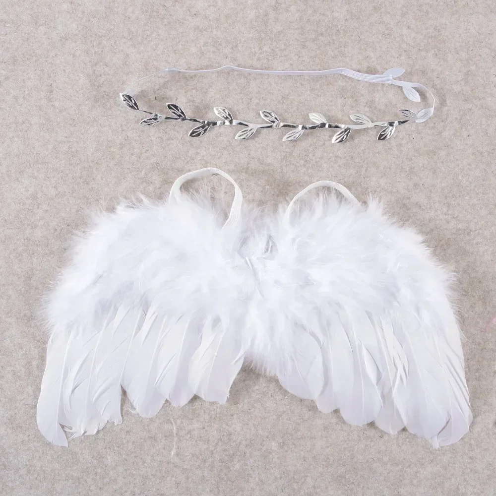 Juego de plumas de ala de Ángel con diadema de hoja para recién nacido, accesorios para fotos, souvenir para bebés y niños pequeños, 2 piezas por