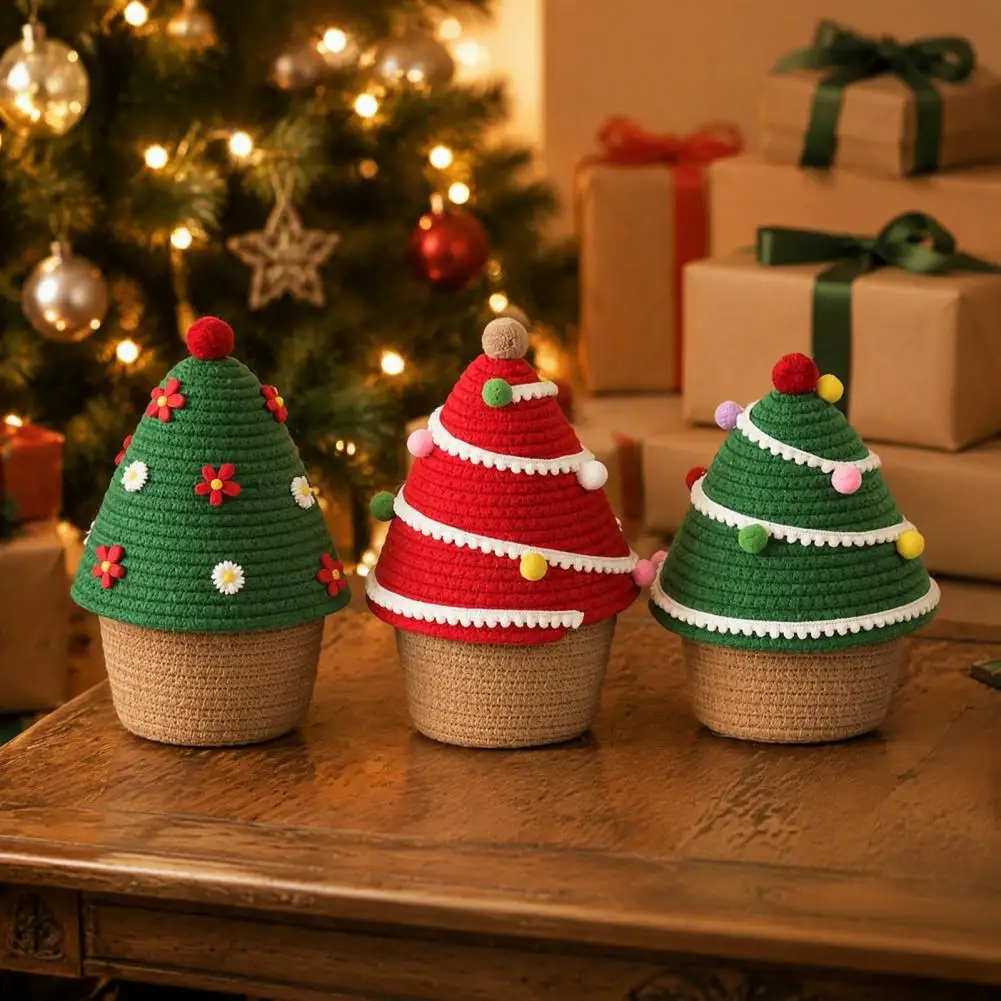 Rustic Home Storage Christmas Tree Shape Storage Box with Lid Decorative Fabric Organizer for Dustproof Cotton Thread Container