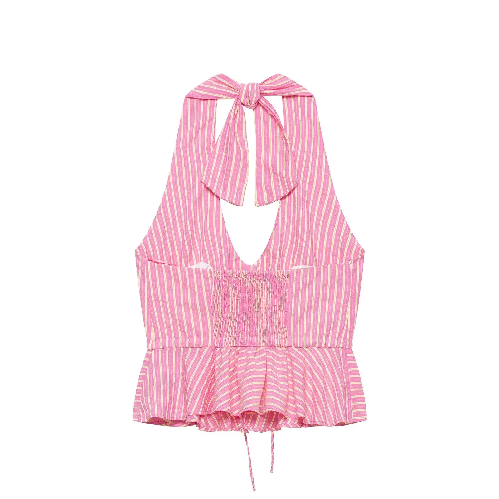 Willshela Women Fashion Pink Striped Bow Lace Up Backless Tank Tops Vintage Halter Neck Sleeveless Female Chic Lady Tops