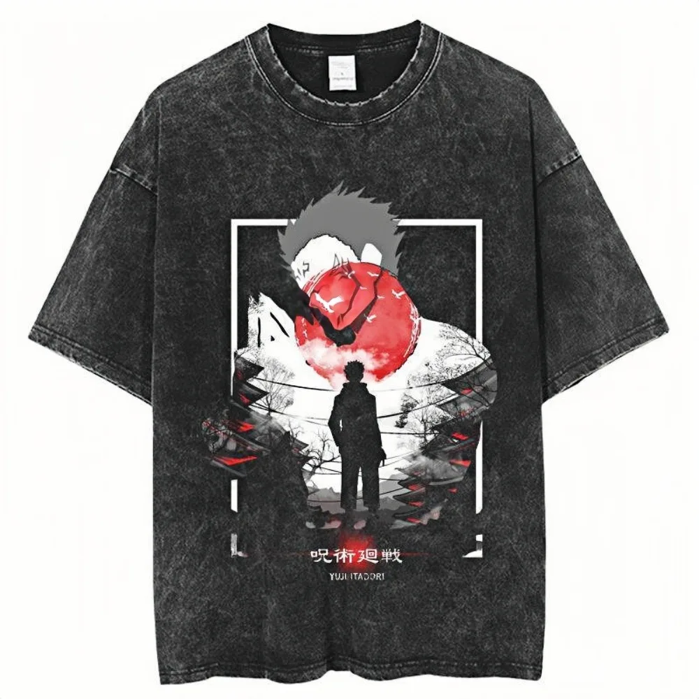 

Футболка с рисунком Acid Washed Jujutsu Kaisen, унисекс, большие хлопковые футболки с круглым вырезом в стиле ретро, уличная одежда, дышащие повседневные футболки для повседневной носки