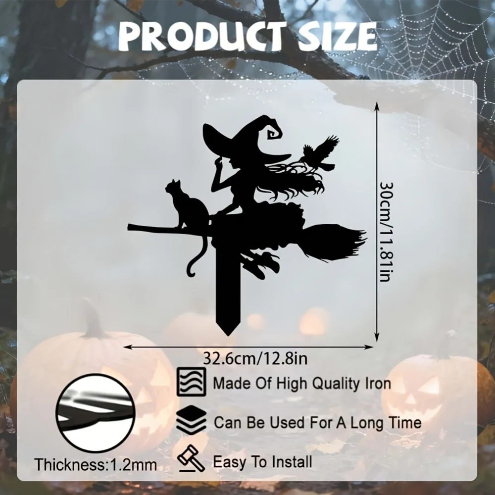 CIFBUY Metal Wall Art Flying Witch Silhouette with Cat and Crow, Spooky Halloween Outdoor Garden Lawn Yard Sign Decoration