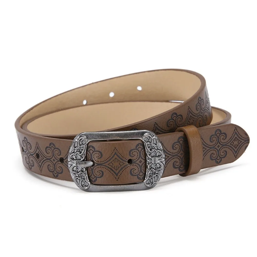 Alloy Pin Buckle PU Leather Belt Carved Faux Leather Embossed Pattern Waist Belt Antique Metal Buckle Western Style