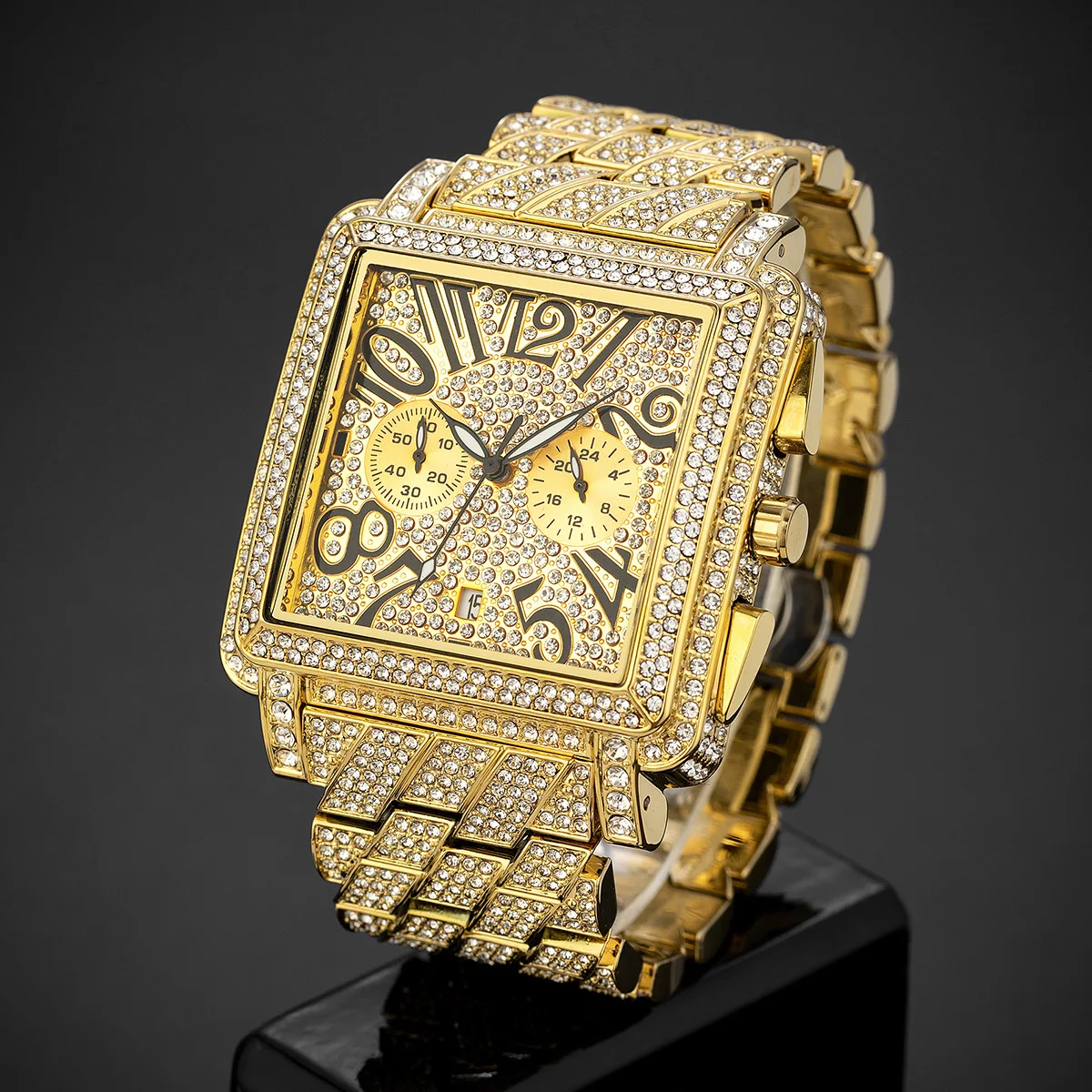 Luxury Iced Out Men's Watch Gold Tone Square Diamond Chronograph Hip Hop Quartz Wristwatch Big Face Hot Sale Watches Gift