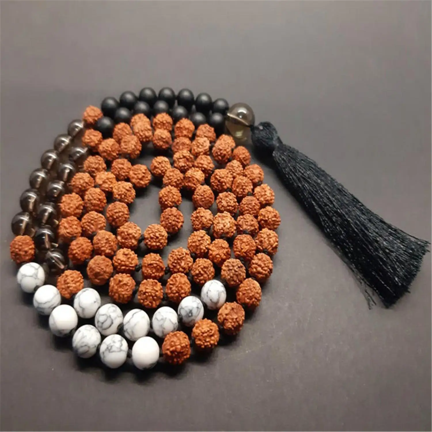 8mm Rudraksha Howlite 108 Beads Handmade Tassel Necklace Opera length Gift Wood Metal Men Sacred wear Mala Yoga