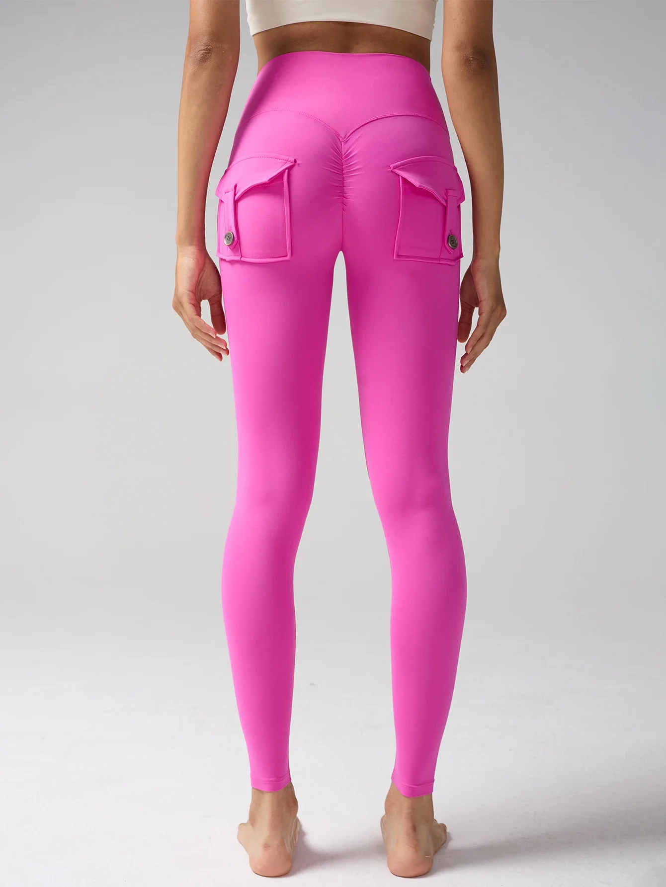 Women's High Waist Tummy Control Cargo Yoga Leggings Spandex Solid Gym Tights Sports Running Workout Pants With Pockets
