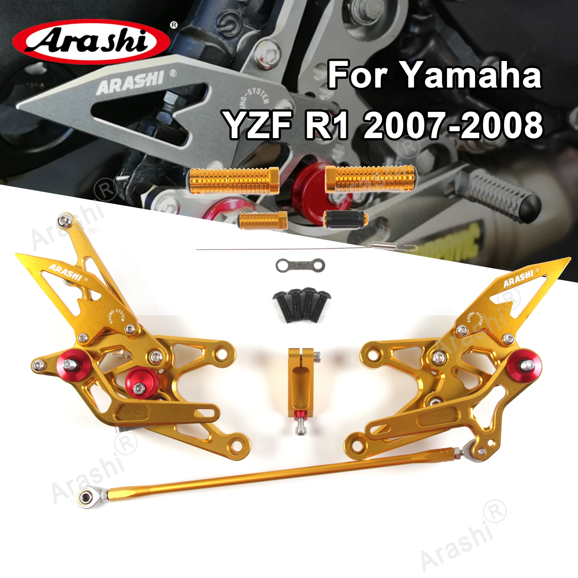 Arashi For YAMAHA YZF R1 2007 2008 CNC Adjustable Footrest Foot Pegs Rider Rear Sets Rearset Footrest Foot Rest Aluminum Gold