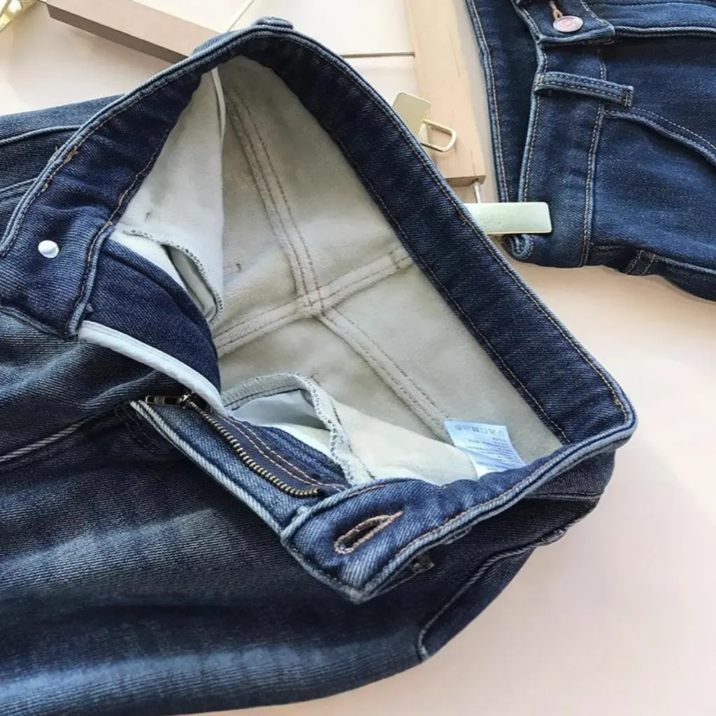 Женские облегающие джинсы на флисовой подкладке, зимние брюки в стиле ретро с высокой талией, норковые бархатные длина до ног F111604