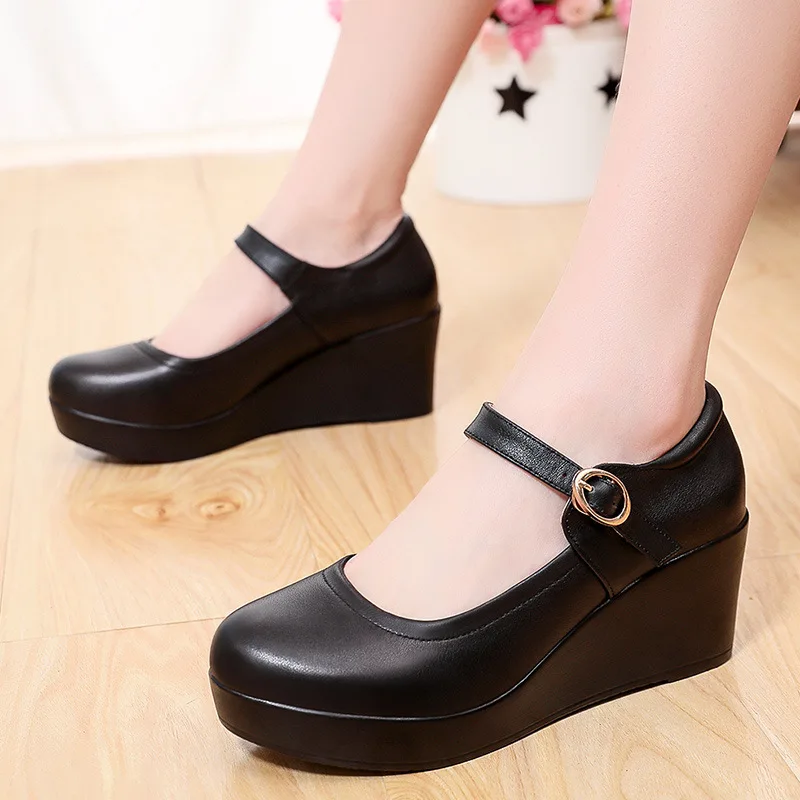 Genuine Leather Shoes Platform Wedges Mary Janes Women Spring 2024 High Heels Pumps for Office Model