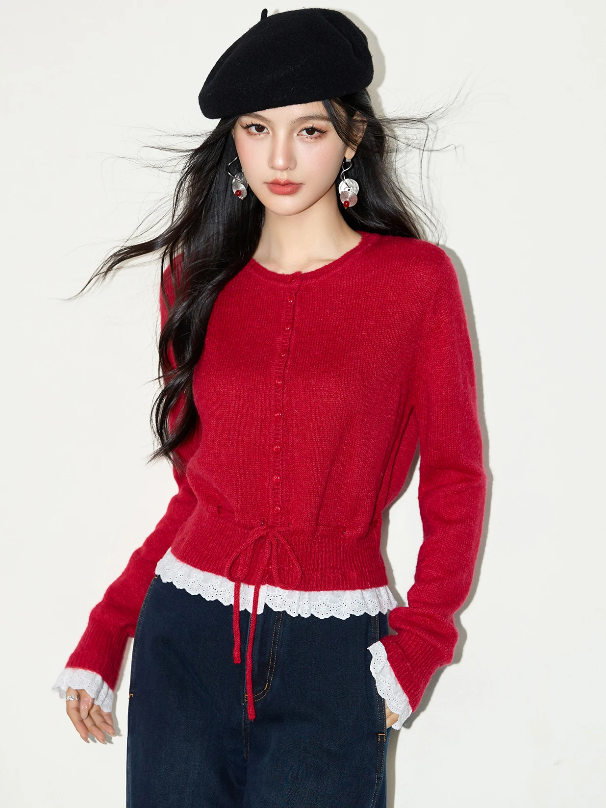 Round Neck Red Knitted Cardigan Women's Spring Autumn Outerwear awl Coat Long Sve ort Length Button Closure Waist Tie Top