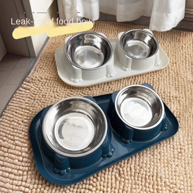 Cat Bowl Double Bowl Dog Food Bowl Stainless Steel Anti-knock Rice Bowl Drinking Water Feeding Bowl Oblique Food Pet Supplies