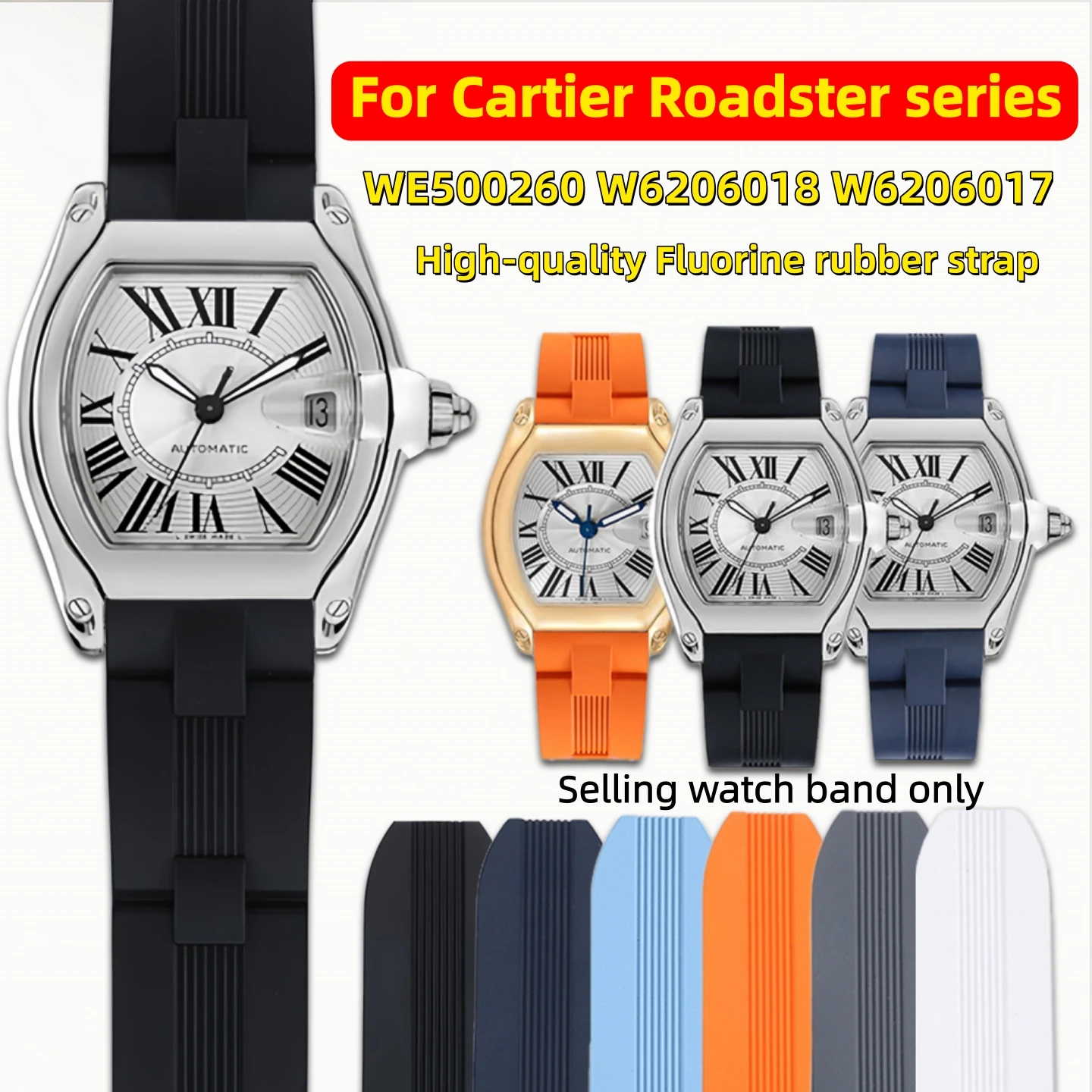 

For Cartier Roadster series 19mm Watch Strap Men fluorine rubber bracelet Watch Band with Quick-release Interface Folding Buckle