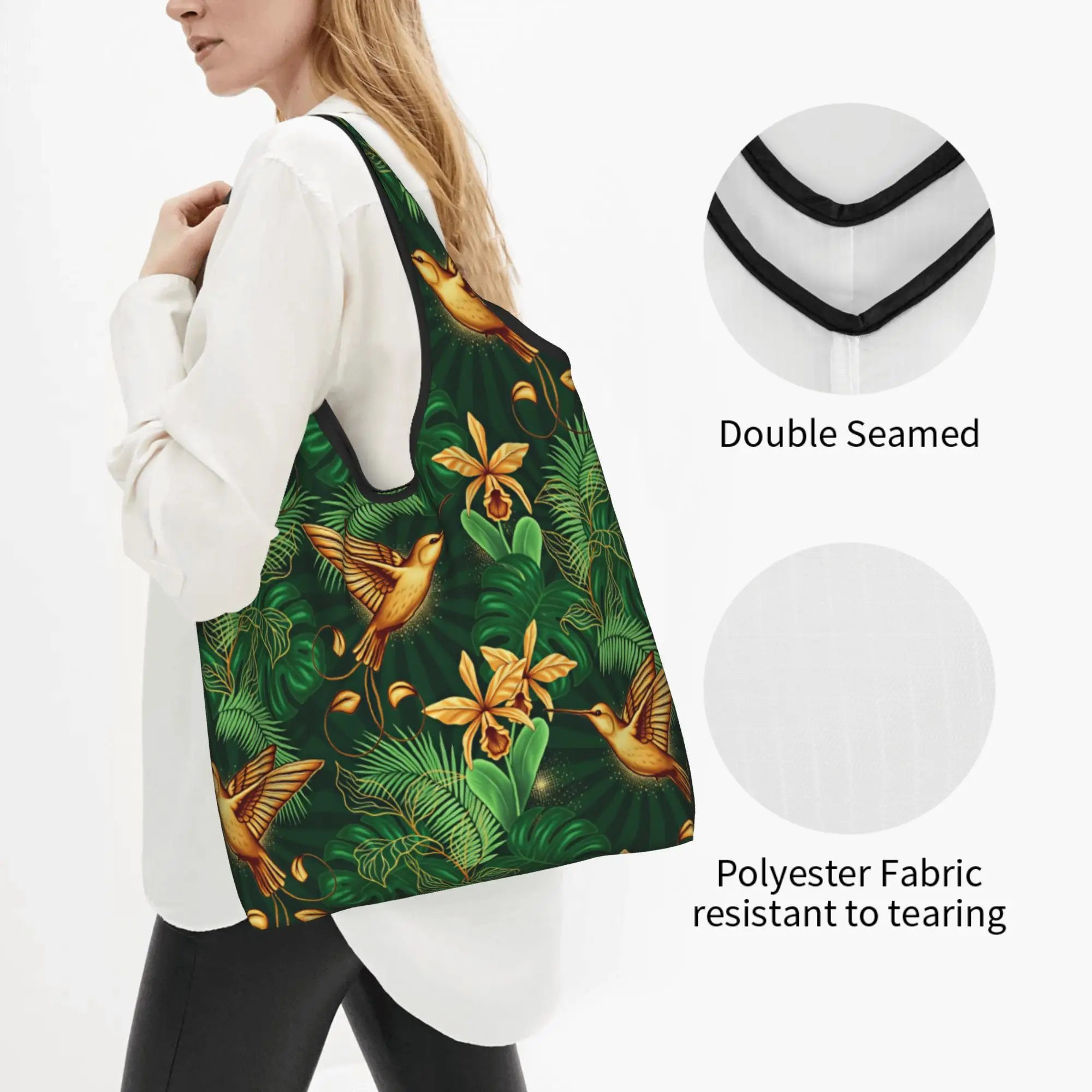 Recycling Tropical Hummingbird Shopping Bag Women Tote Bag Portable Hawaiian Style Botanical Flowers Grocery Shopper Bags