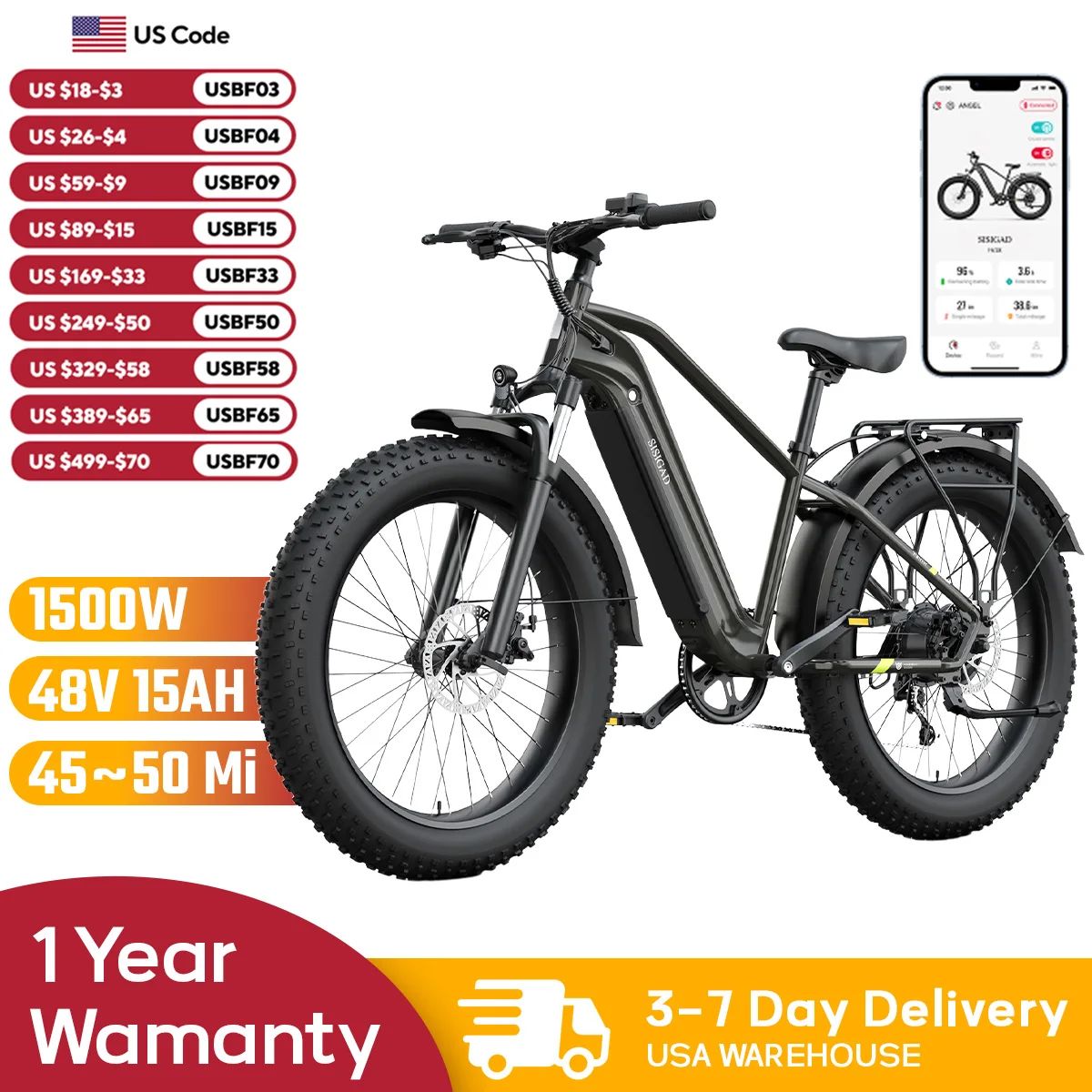 

SISIGAD F618 Electric Bike 1500W, 32MPH, 50-mile range, 48V 15Ah battery, 26" fat tires, 7Speed Shock Absorber.