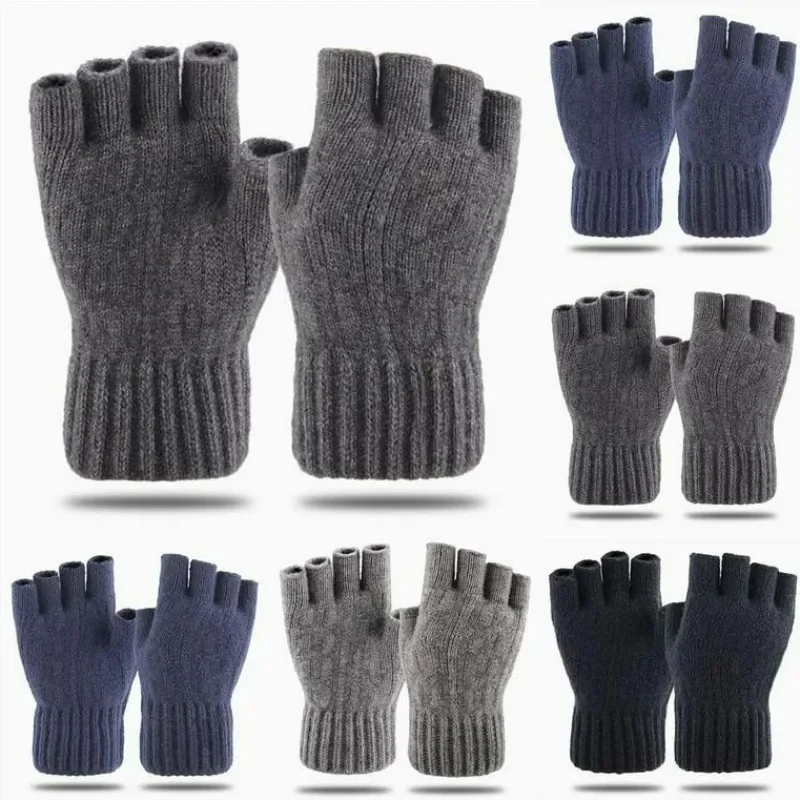 Winter Gloves For Men Half Finger Writting Office Cycling Knitted Gloves Students Alpaca Wool Warm Thick Elastic Driving Gloves