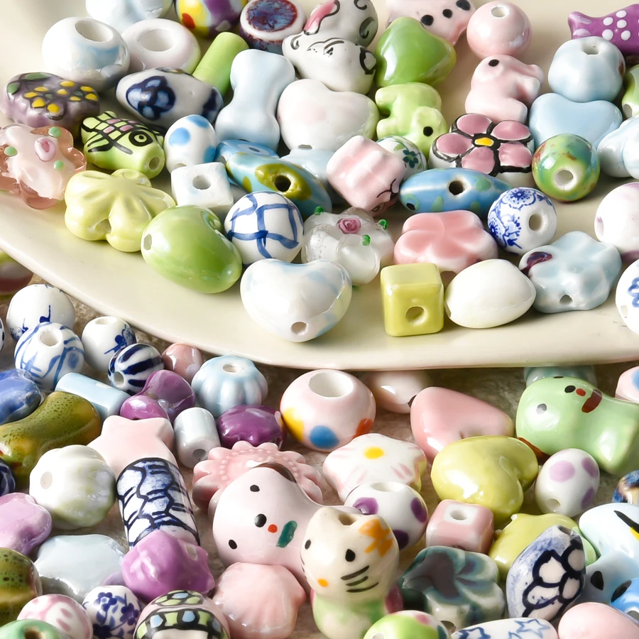 5Pcs Hand painted Cute Sea Animal Fish Ceramic Loose Beads Jewelry For Bracelet Making Colorful Flower Heart Bedels Wholesale
