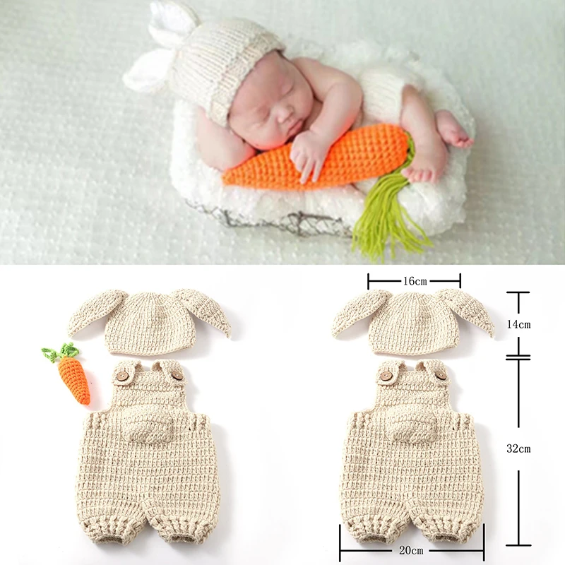 Animal Costumes Newborn Photography Clothes Soft Knitted Rabbit Single Hat Overalls with Carrot Sets Baby Photoshoot Outfits