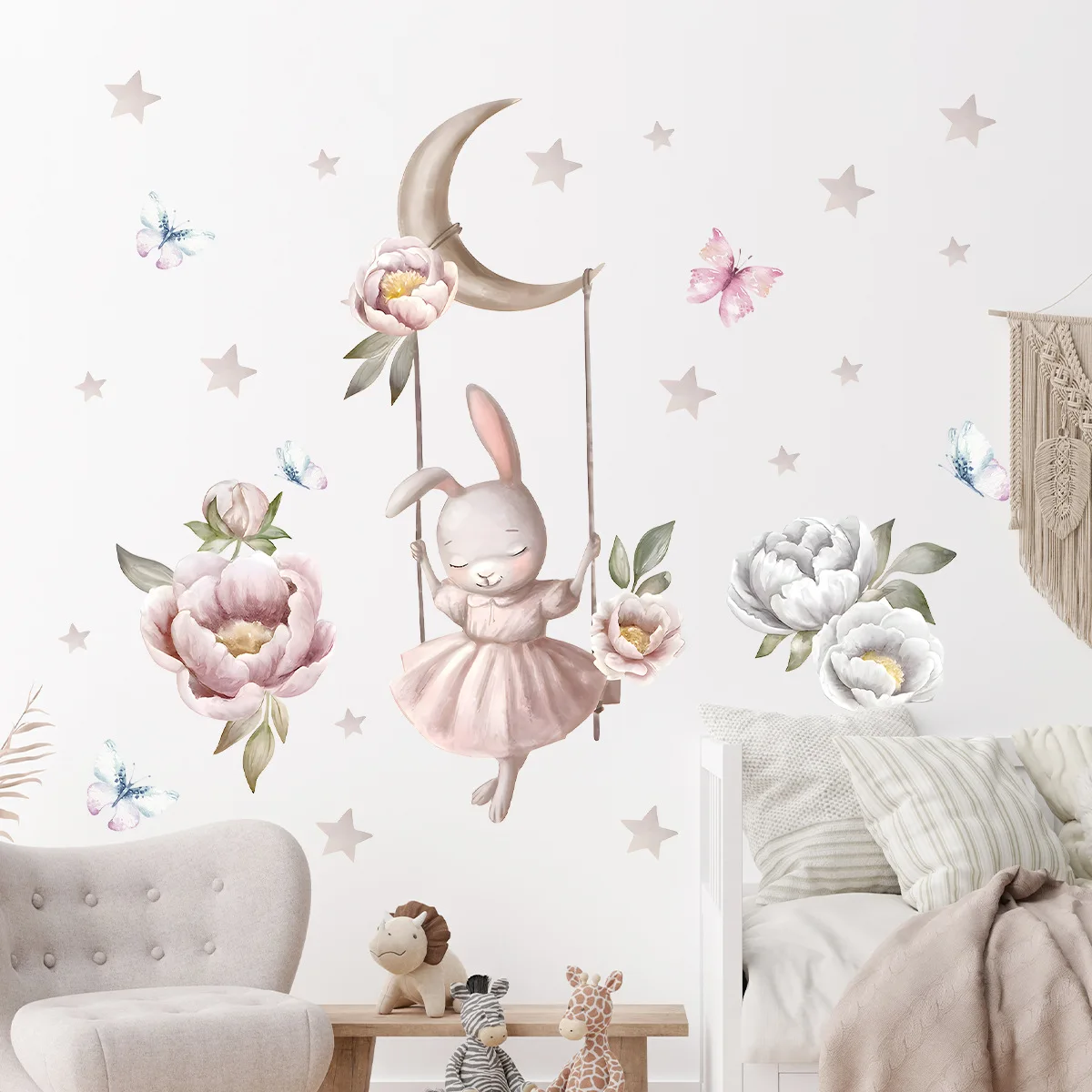 Watercolor Cartoon Rabbit Flower Butterfly Wall Stickers Removable for Kids Girls Rooms Nursery Children Wall Decals Home Decor