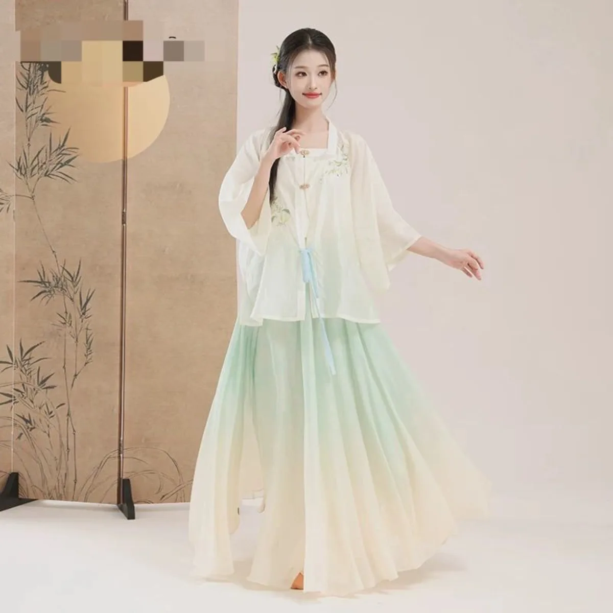 

Танцевальный комплект с прозрачной накидкой и вышивкой — юбка с градиентом в виде круга для китайских классических танцев, платье для эфирной практики и выступлений