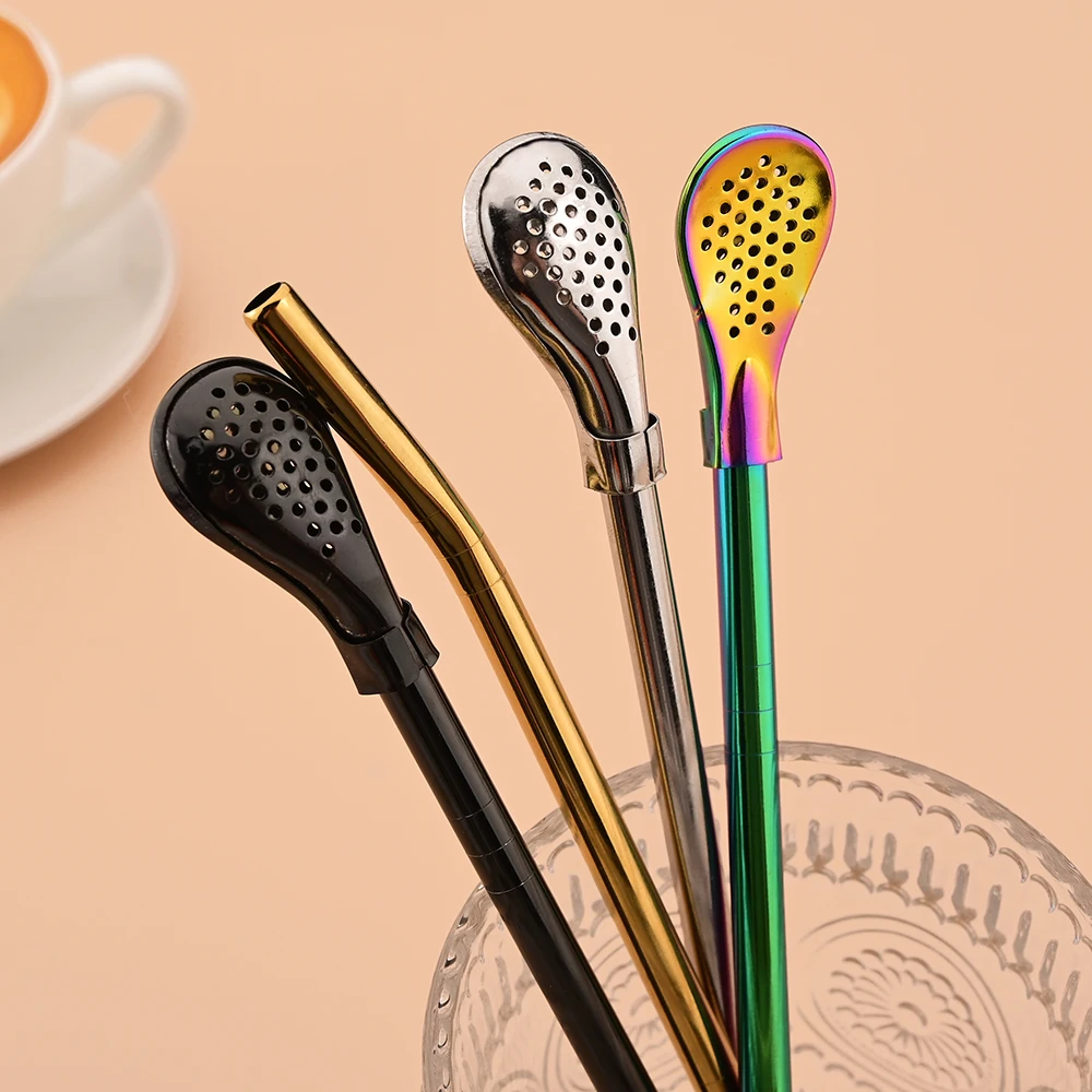 6 قطعة/المجموعة الفضة الفولاذ المقاوم للصدأ شفاطات للشرب قابل للغسل قابلة لإعادة الاستخدام يربا ماتي ملعقة تصفية القش لملحقات بار الكوكتيل #4