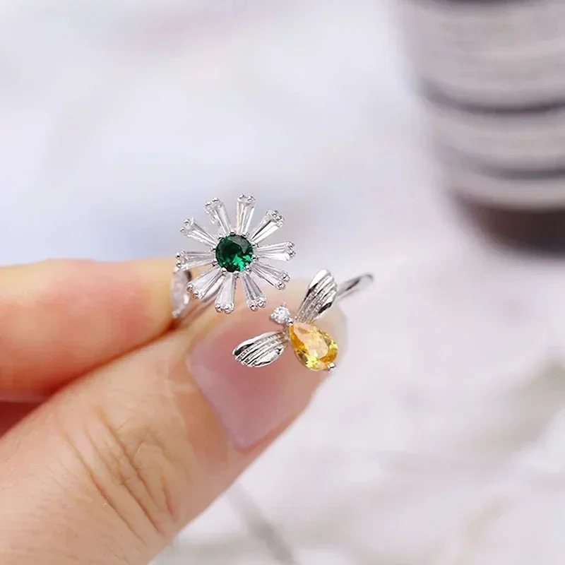 2026 Cute Flower and Honey Bee Opening Rings for Women Silver Color/Gold Color Colored Cubic Zirconia Fashionable Girl Jewelry - view 3