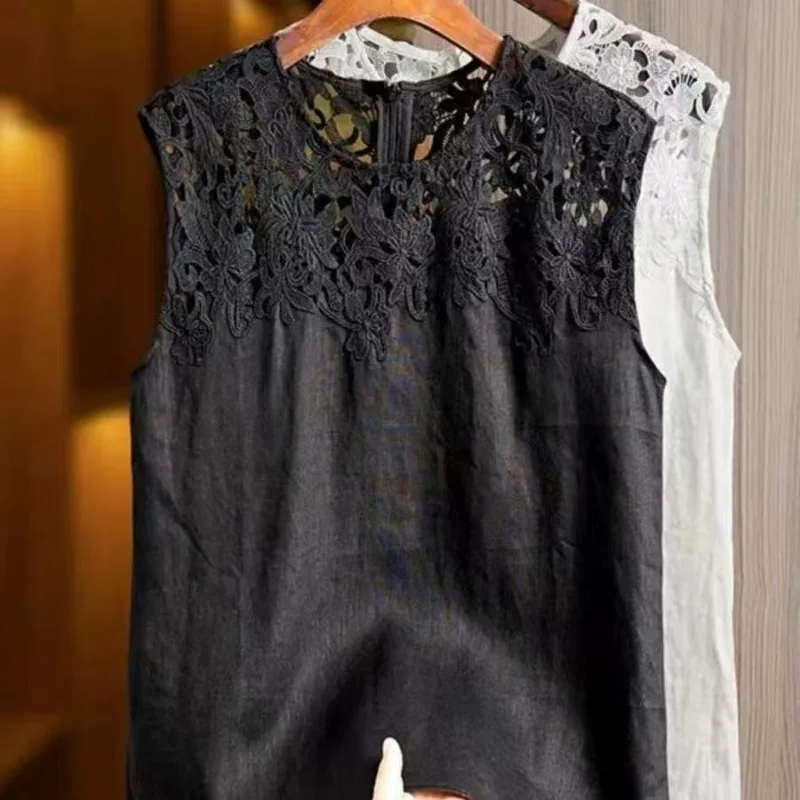 Gilet con finiture scavate in pizzo retrò Donna Estate Faion Allentato rotondo Ne Svel Base irt Top Cleanfit U-ne Ricamo