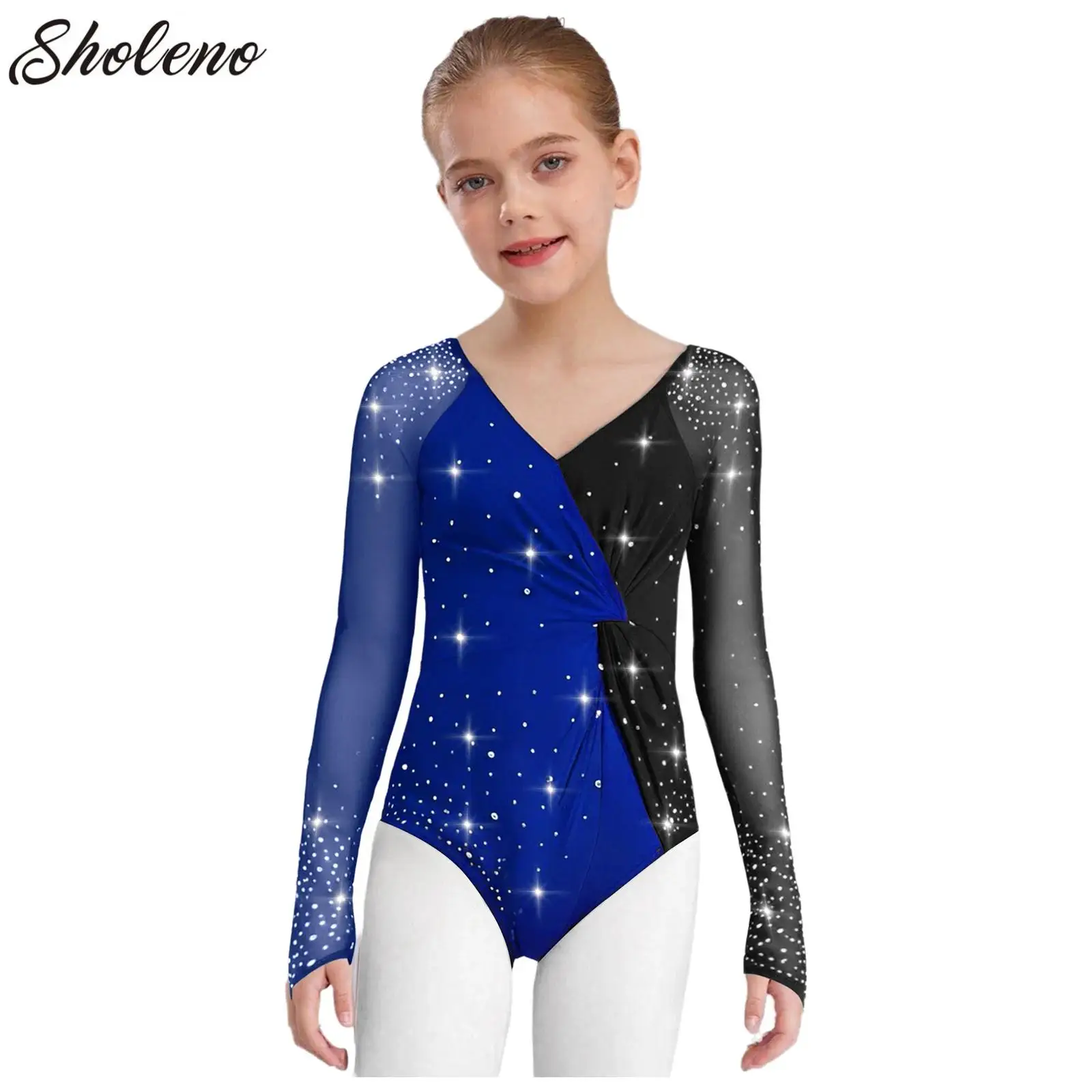 

Kids Girls Rhinestones Ballet Dance Jersey Gymnastics Leotards Long Sleeves Bodysuit Artistic Figure Skating Performance Clothes