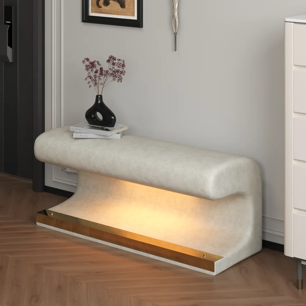 Entryway Bench Leather Upholstered Ottoman with LED Sensor Light for Living Room End of Bed Ottoman Storage Bench