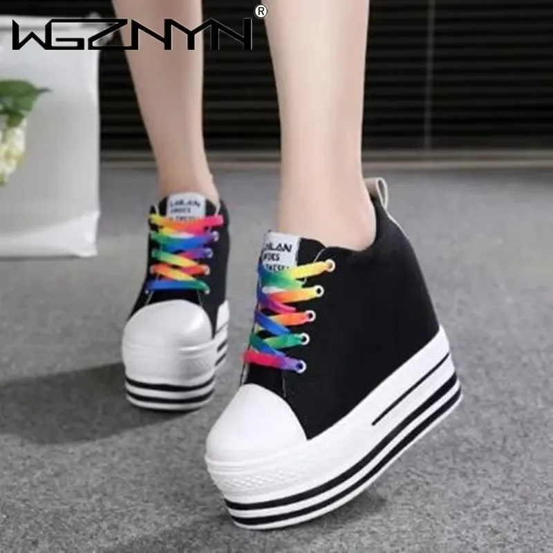 New Women 10CM Heels Wedge Canvas Shoes Woman High Platform Sneakers Vulcanized Shoes Hidden Heel Height Increasing Casual Shoes